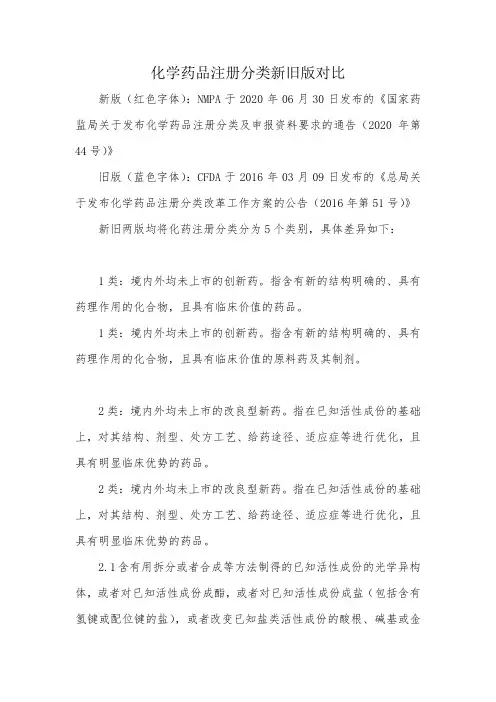 化学药品注册分类新旧版对比