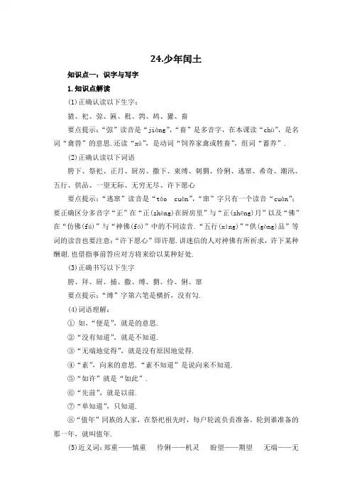 六年级上册语文知识点解读训练 24少年闰土(含答案)