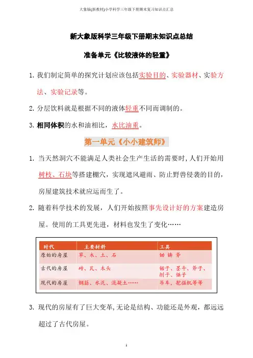 大象版(新教材)小学科学三年级下册期末复习知识点汇总