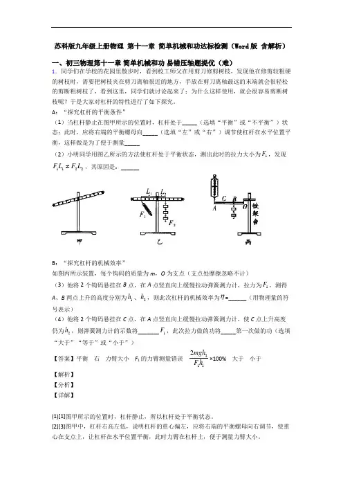 苏科版九年级上册物理 第十一章 简单机械和功达标检测(Word版 含解析)