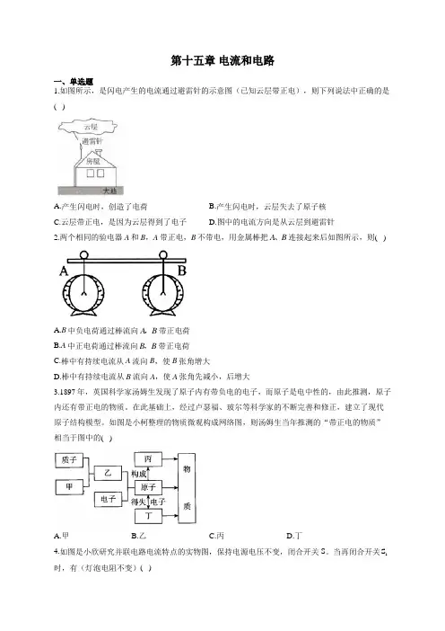 人教版九年级物理 全一册单元重难点练习 第十五章 电流和电路