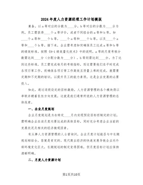 2024年度人力资源经理工作计划模版（五篇）