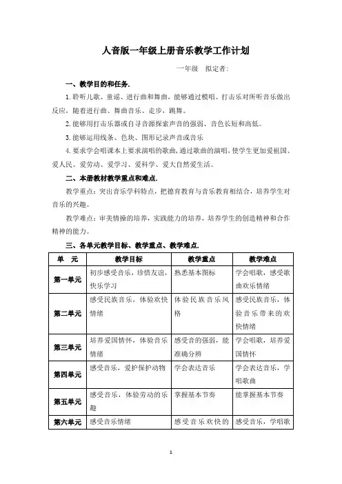 人音版一年级音乐上册教学工作计划