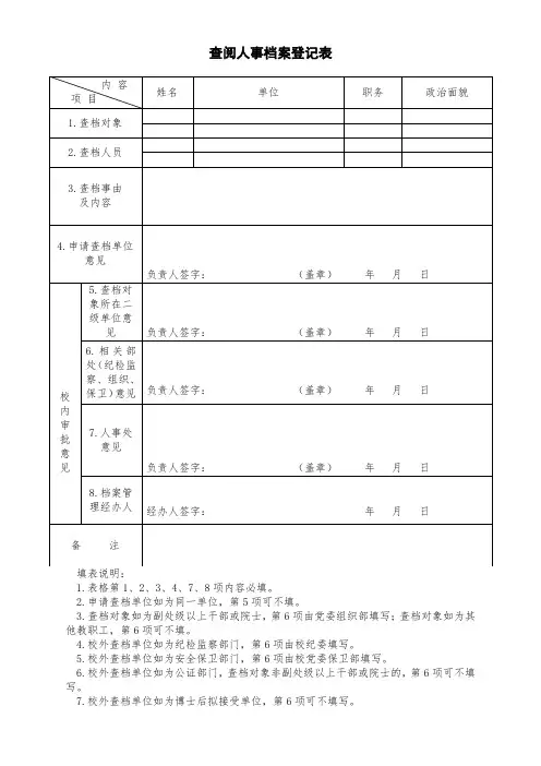查阅人事档案登记表