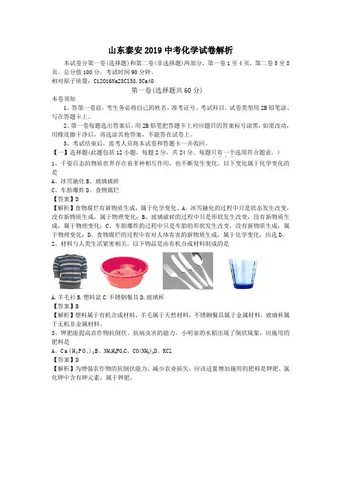山东泰安2019中考化学试卷解析