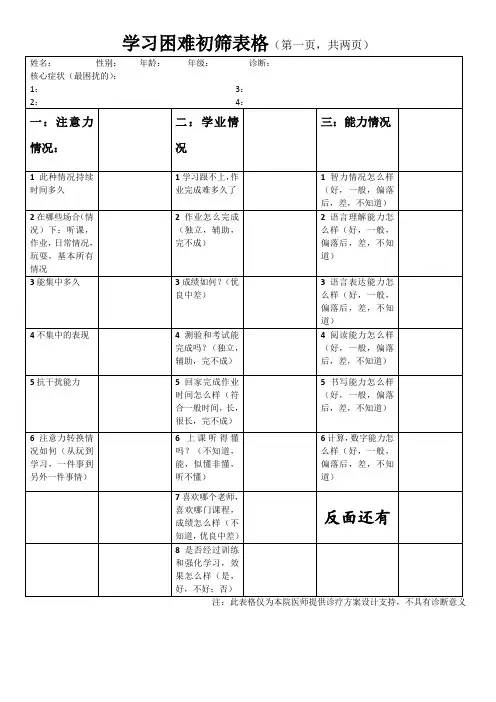 学习困难初筛表格