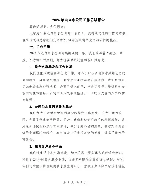 2024年自来水公司工作总结报告