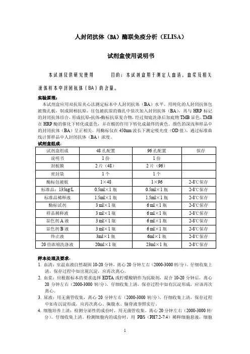 人封闭抗体(BA)酶联免疫分析(ELISA)试剂盒使用说明书