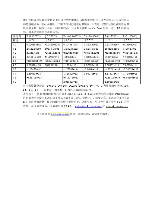 热电偶的热电势对应温度的计算公式