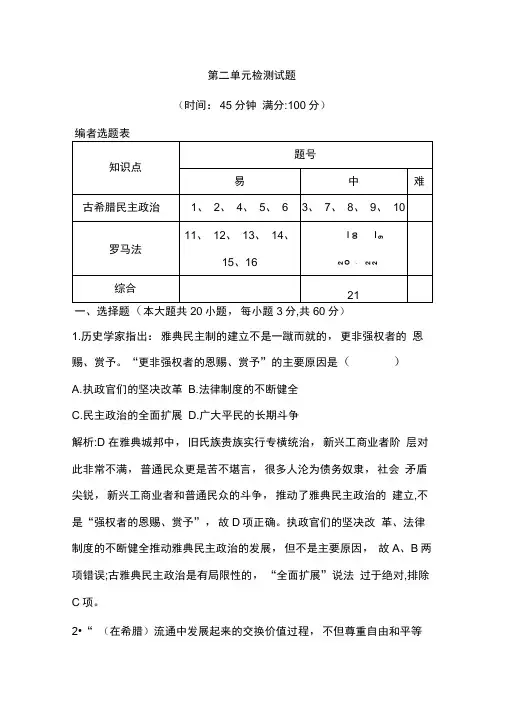 2020版高中历史岳麓版必修一试题：第二单元检测试题Word版含解析