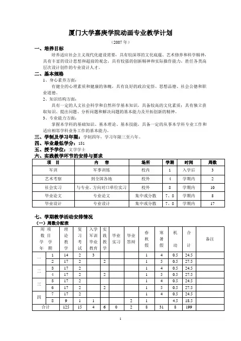 厦门大学嘉庚学院动画专业教学计划