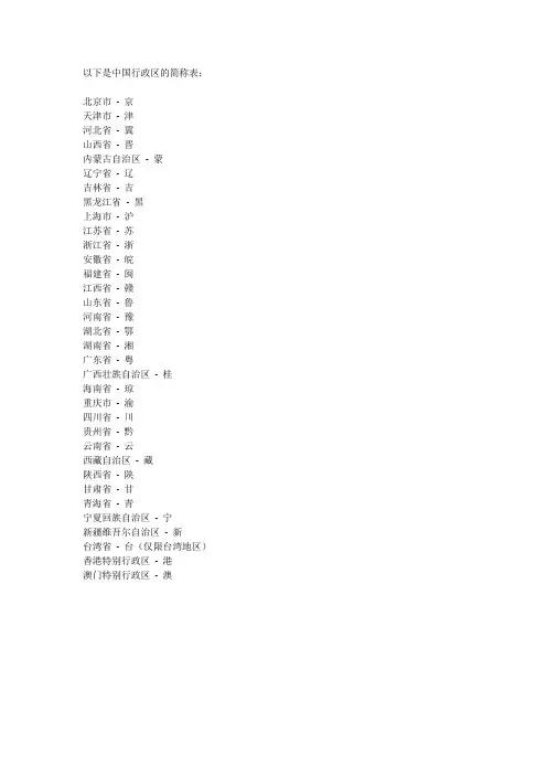 中国行政区简称表