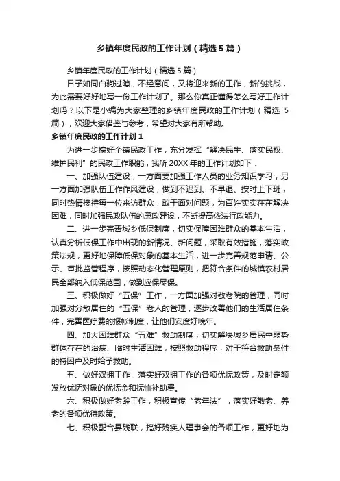 乡镇年度民政的工作计划（精选5篇）