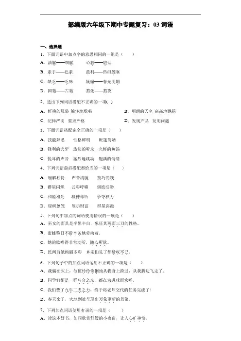 部编版语文六年级下册  期中专题复习：03词语(含答案)