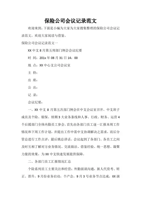 会议纪要 保险公司会议记录范文