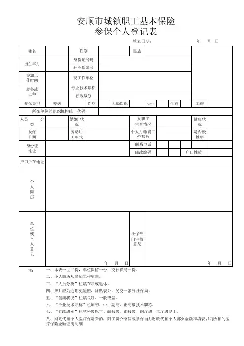 安顺市城镇职工基本保险参保个人登记表 (1)
