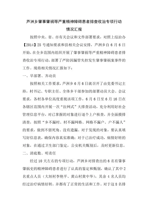 芦洲乡肇事肇祸等严重精神障碍患者排查收治专项行动情况汇报