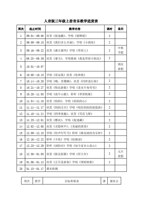人音版三年级上册音乐教学进度表