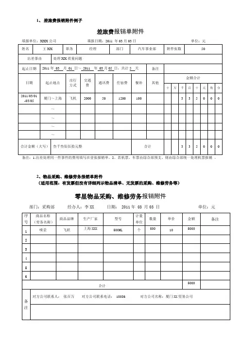 主要费用报销单格式例子