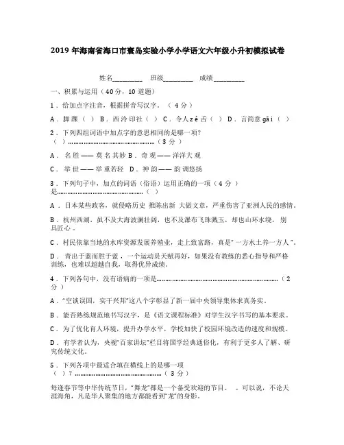 六年级下册语文试题  2019年海南省海口市寰岛实验小学小学语文小升初模拟试卷(无答案)人教部编版
