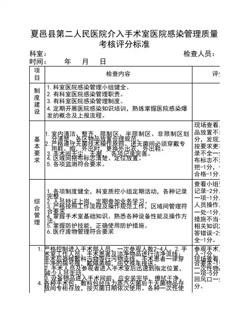 介入手术室医院感染管理质量考核评分标准