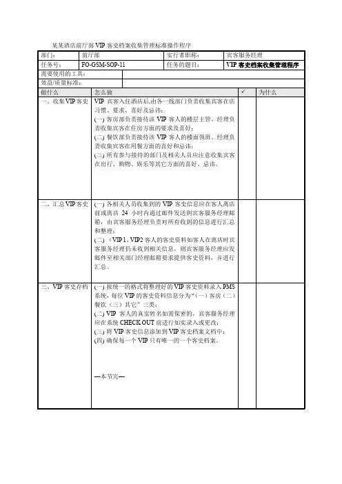 某某酒店前厅部VIP客史档案收集管理标准操作程序