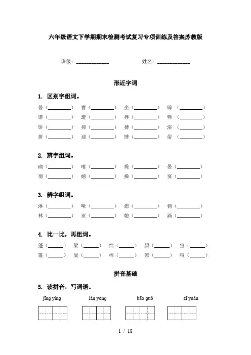 六年级语文下学期期末检测考试复习专项训练及答案苏教版