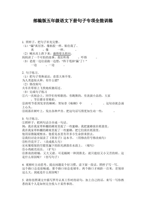 小学五年级语文下册句子专项全能训练·部编版(人教)