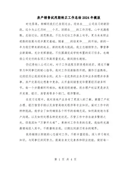 房产销售试用期转正工作总结2024年模版（3篇）