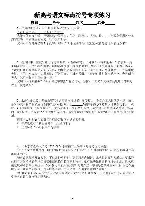高中语文2024届新高考标点符号专项练习(附参考答案)