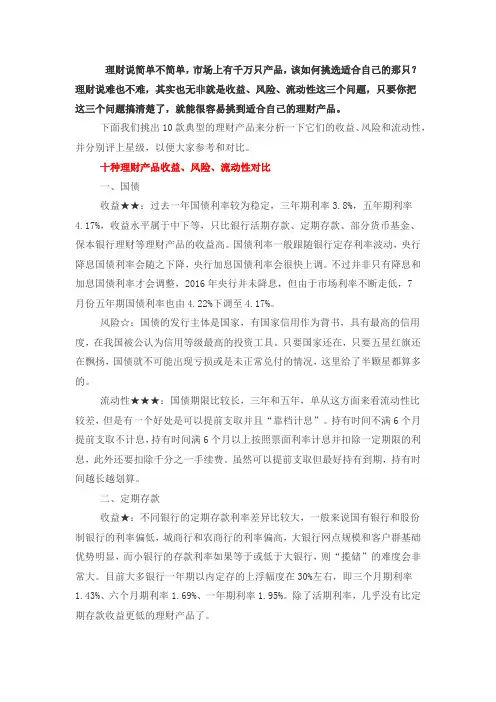 十种理财产品收益、风险、流动性对比