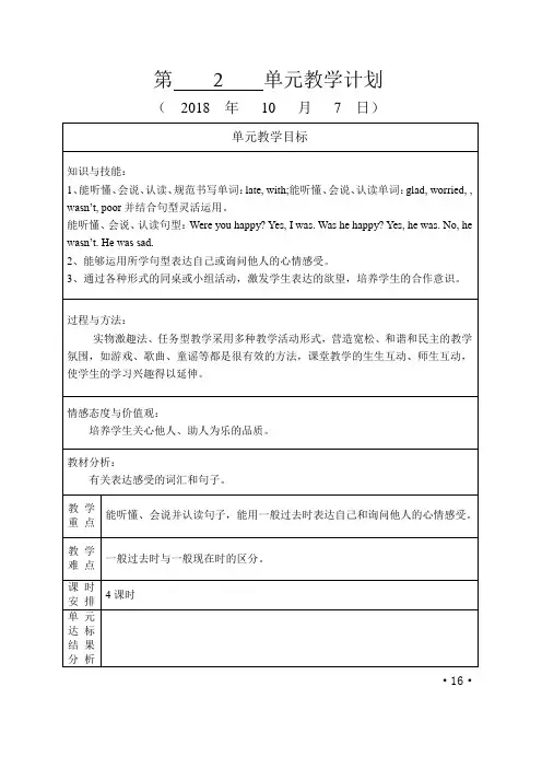 鲁科版小学英语五年级上册第2单元教学设计