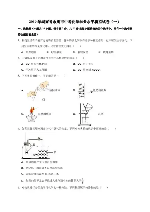 2019年湖南省永州市中考化学学业水平模拟试题及答案解析(WORD版)