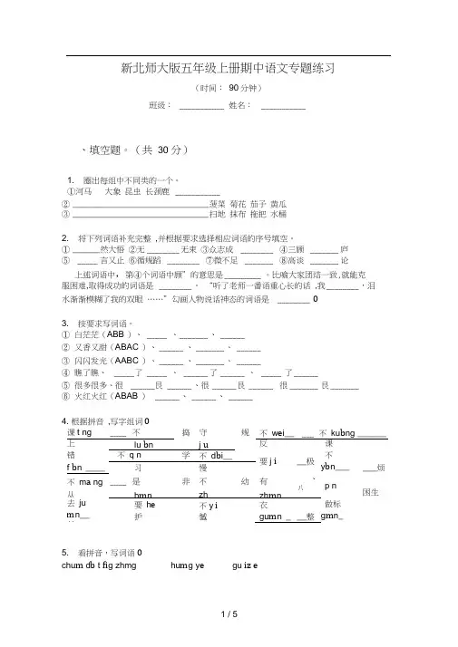 新北师大版五年级上册期中语文专题练习