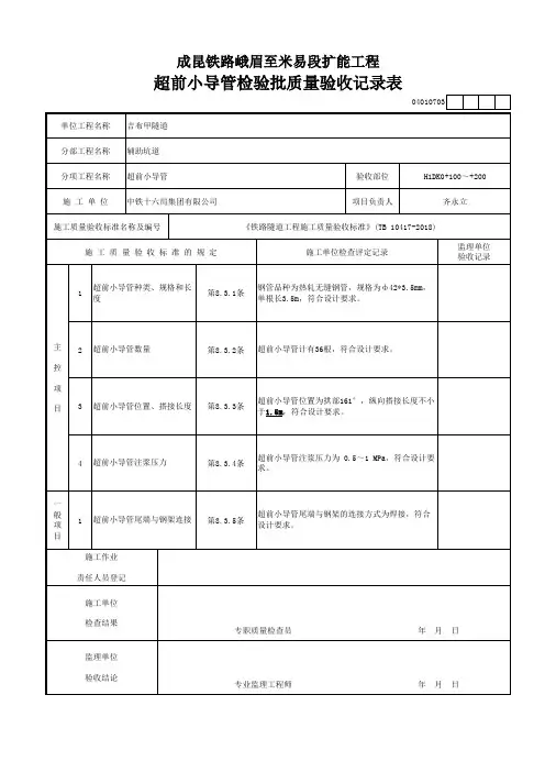 [辅助坑道]超前小导管检验批质量验收记录表(2019年新验标范本)
