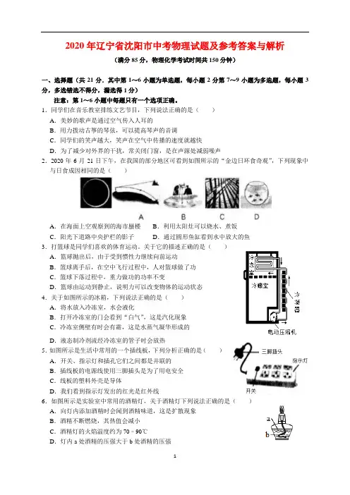 2020年辽宁省沈阳市中考物理试题及参考答案(word解析版)
