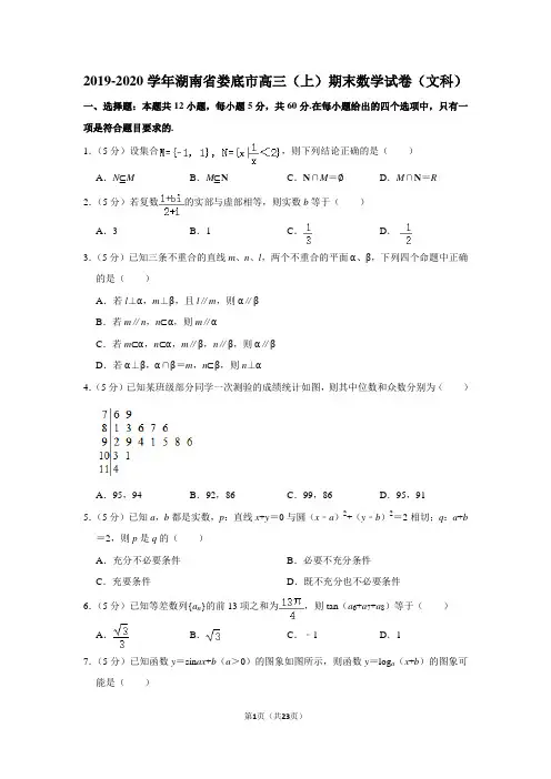 2019-2020学年湖南省娄底市高三(上)期末数学试卷(文科)及答案