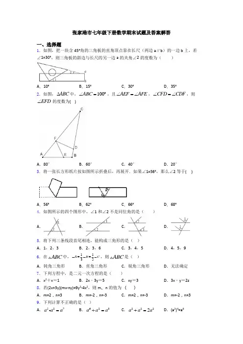 张家港市七年级下册数学期末试题及答案解答