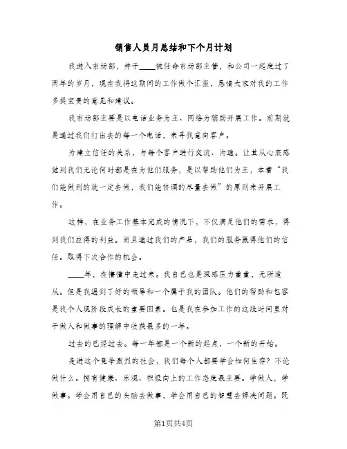 销售人员月总结和下个月计划(四篇)