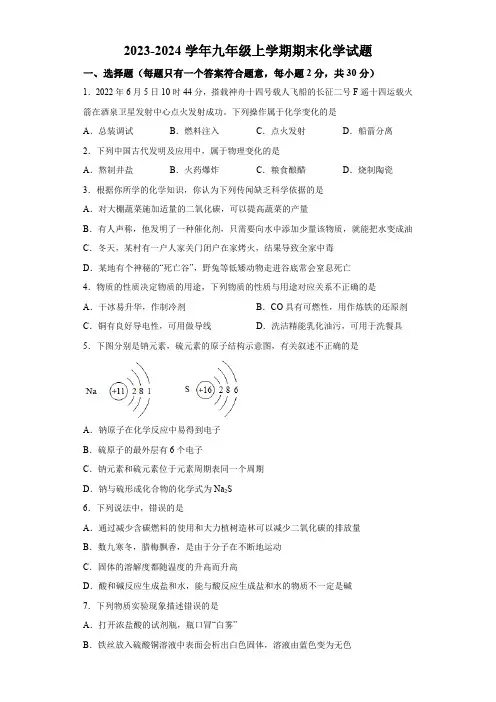江苏省盐城市2023-2024学年九年级上学期期末化学试题(含解析)