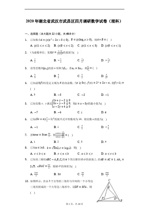 2020年湖北省武汉市武昌区四月调研数学试卷(理科)(附答案解析)