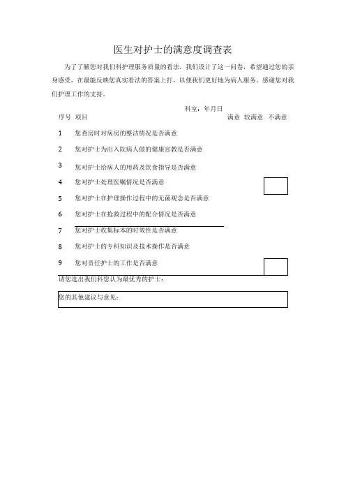 医生对护士的满意度调查表