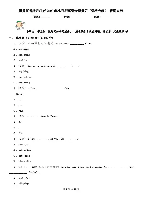 黑龙江省牡丹江市2020年小升初英语专题复习(语法专练)：代词A卷