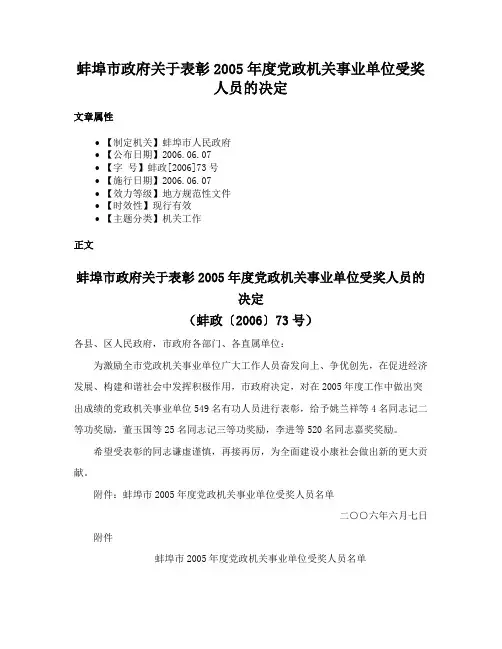 蚌埠市政府关于表彰2005年度党政机关事业单位受奖人员的决定