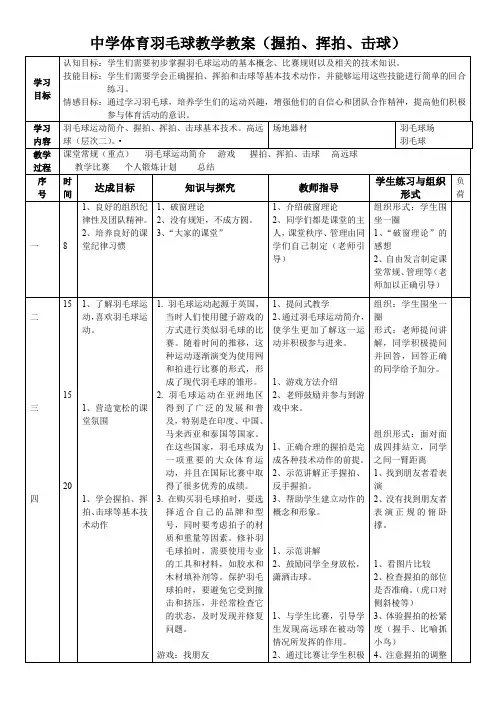 2023年中学体育羽毛球教学教案(握拍、挥拍、击球)