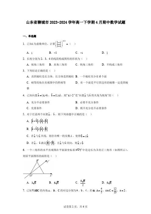 山东省聊城市2023-2024学年高一下学期4月期中数学试题