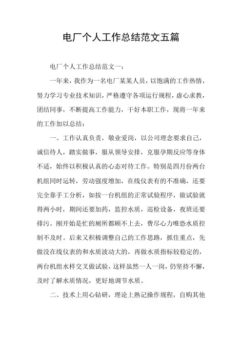 电厂个人工作总结范文五篇