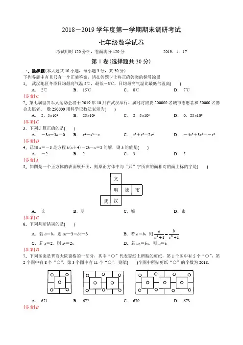 2018-2019武汉市洪山区七年级上学期期末试题(WORD解析版))