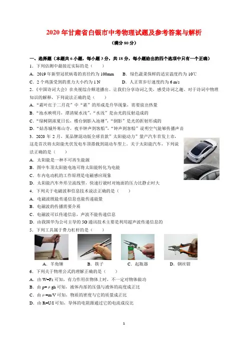 2020年甘肃省白银市中考物理试题及参考答案(word解析版)