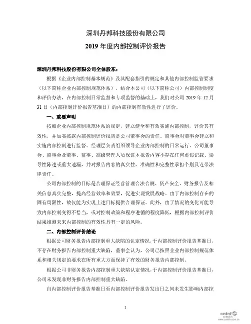 丹邦科技：2019年度内部控制评价报告